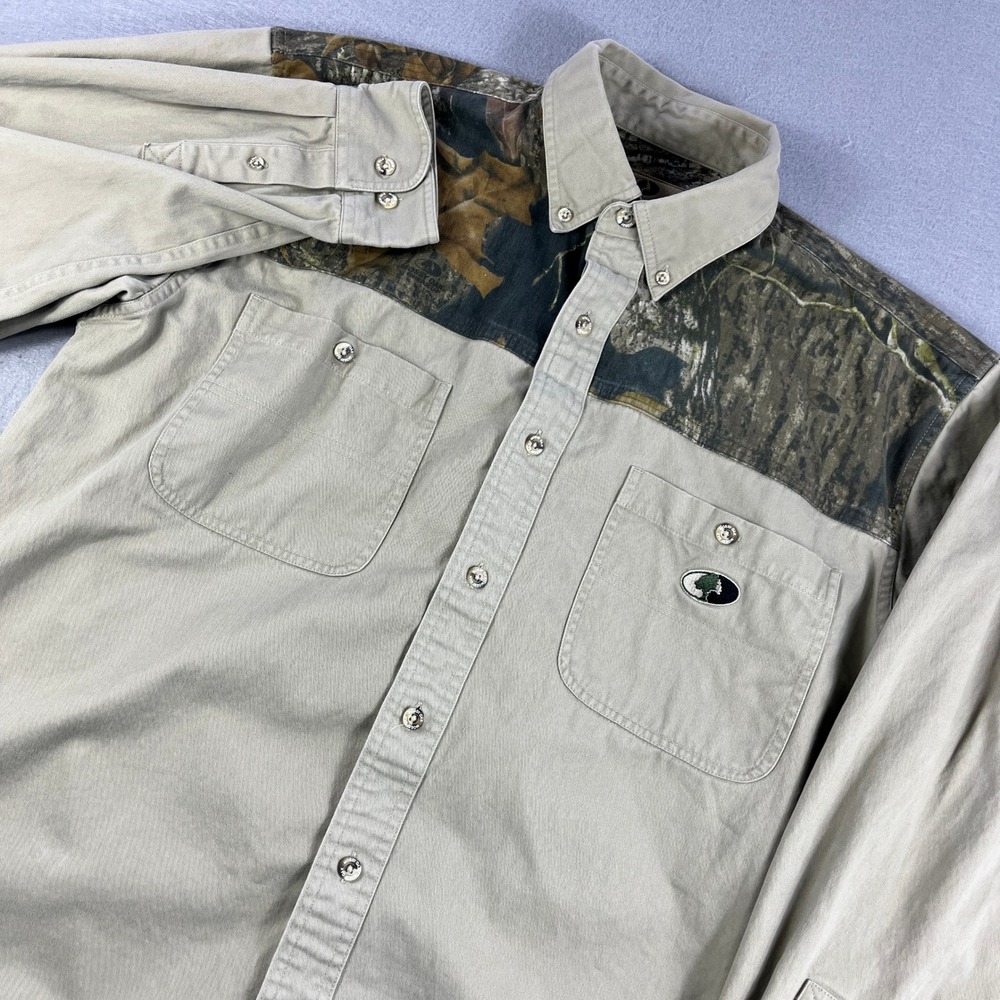 Mossy Oak Mens Long Sleeve Button Down Shirt Khaki Tan Camo Yoke Twill Large